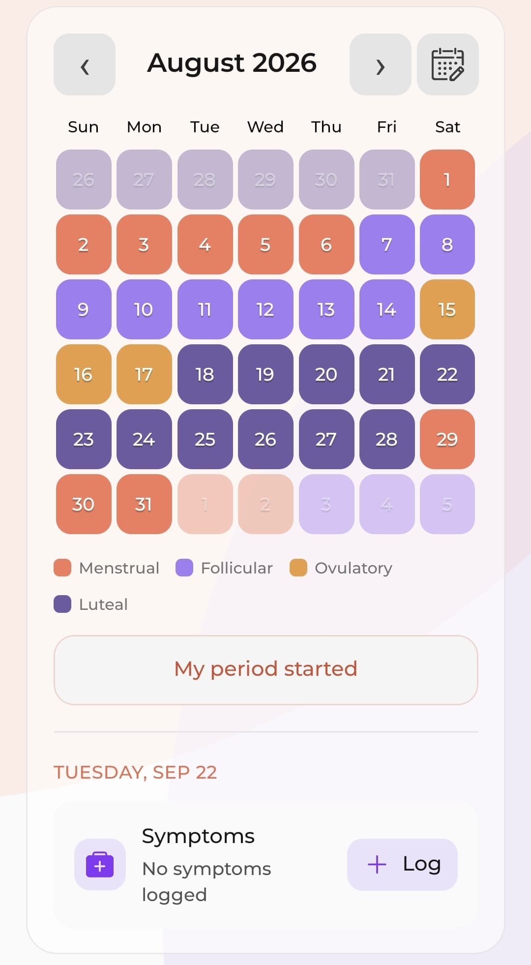 Ellara cycle calendar with menstrual, follicular, ovulatory and luteal phase colors and a symptom log button
